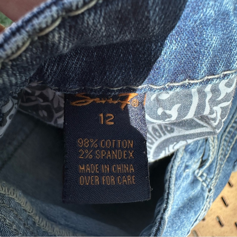 Seven7 Women's Flare Leg Medium Wash Jeans Low Rise with Embroidered Pocket Y2K - Picture 8 of 9